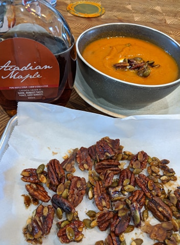 Maple Pumpkin Soup with Candied Pecans and Pumpkin Seeds - from The Ki – Acadian Maple Products